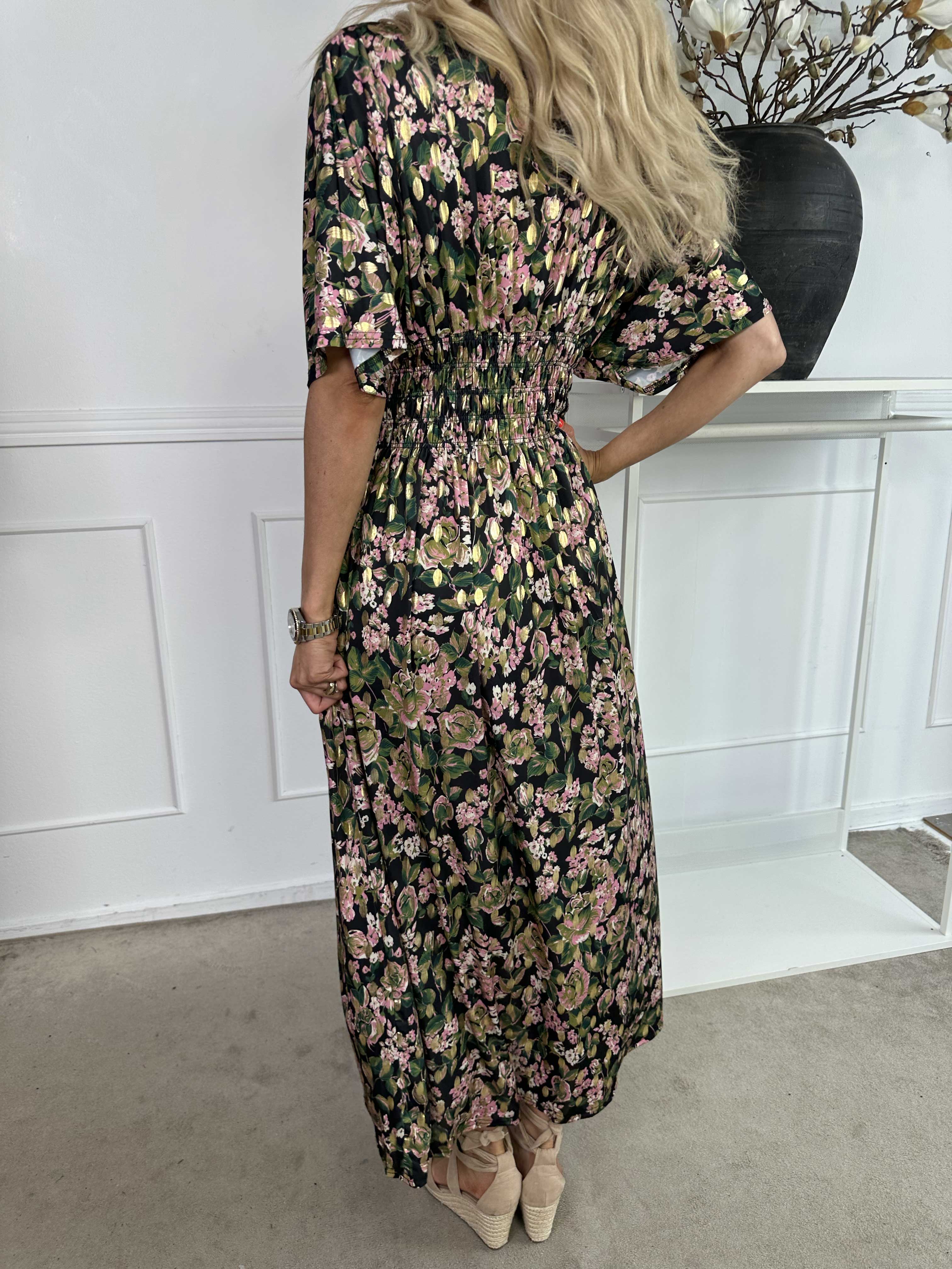 Pams Small Rose - Elastisk klänning med blommigt tryck och gulddetaljer